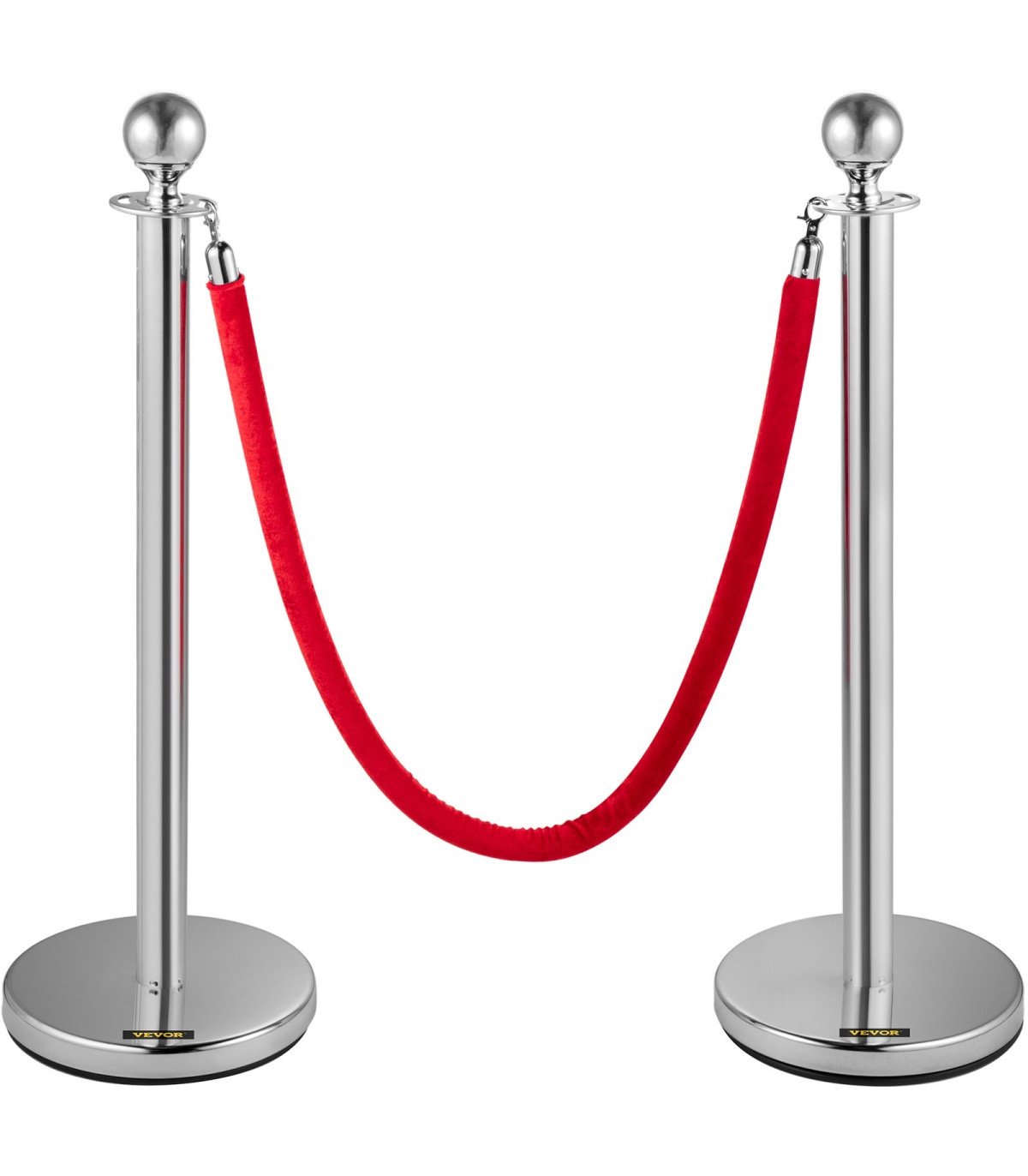 Lot de 2 potelets argentés et 1 corde velours rouge